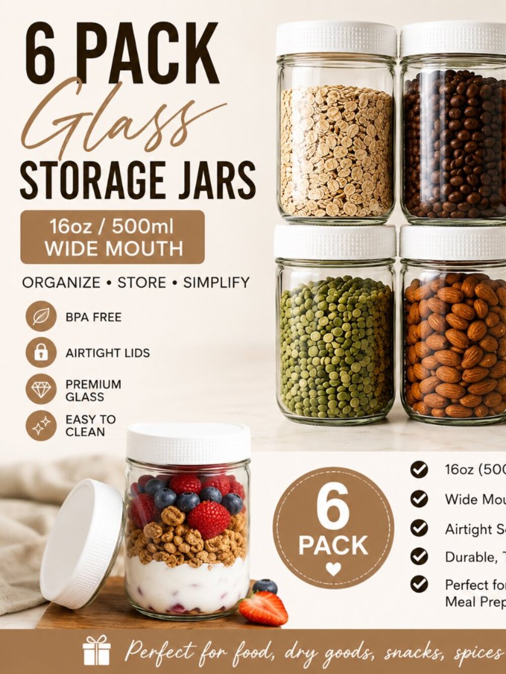 NEW 6 Pack Glass Storage Jars 16oz 500ml Wide Mouth Airtight Food Containers
